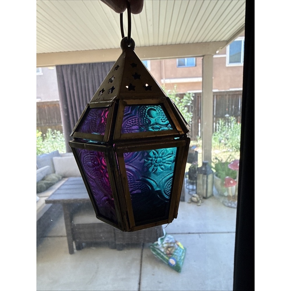Lantern Candle Holder - Multicolor Color Glass, Metal UNSIGNED Witchy Incense - Picture 2 of 5